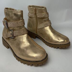 NWOB Dolce Vita Gold Glitter Strap Ankle Boots with Buckle - Size 4, Lug Sole